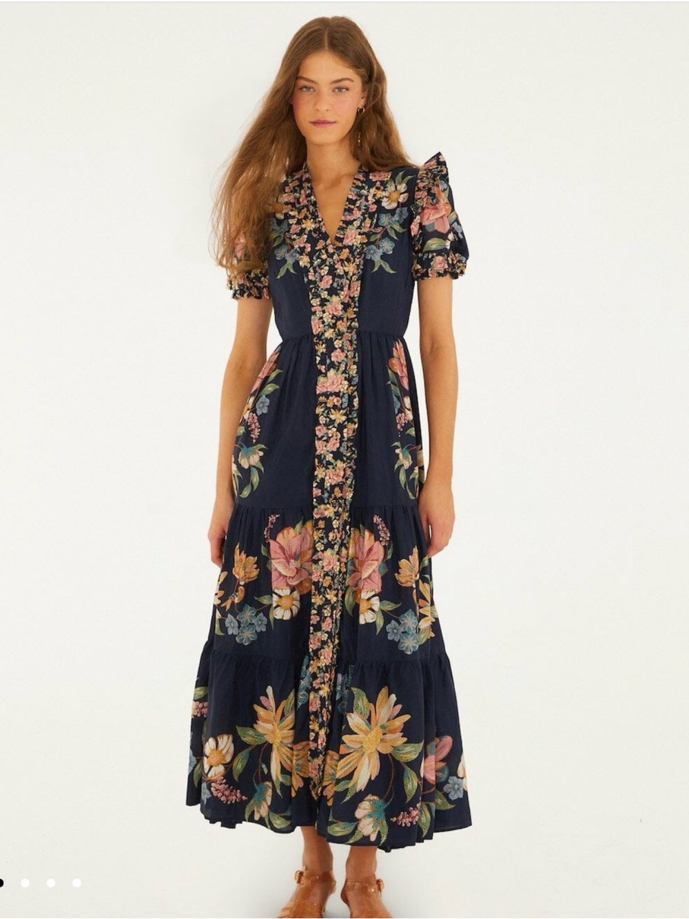 Farm Rio Dark Blue Maira Floral Short Sleeve Maxi Dress Medium